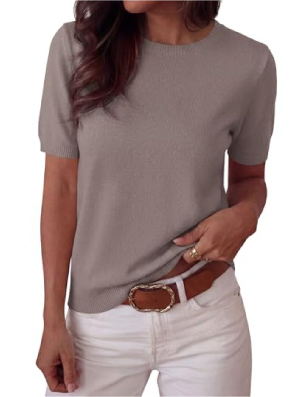 Womens Loose Fit Short Sleeve Knit Sweater Top Crew Neck Lightweight